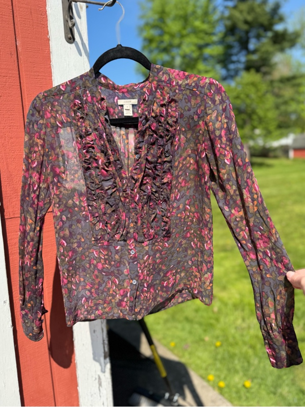 100% Silk J.Crew Sheer Floral Silk Blouse – Ruffle Collar – Size 0 🌸